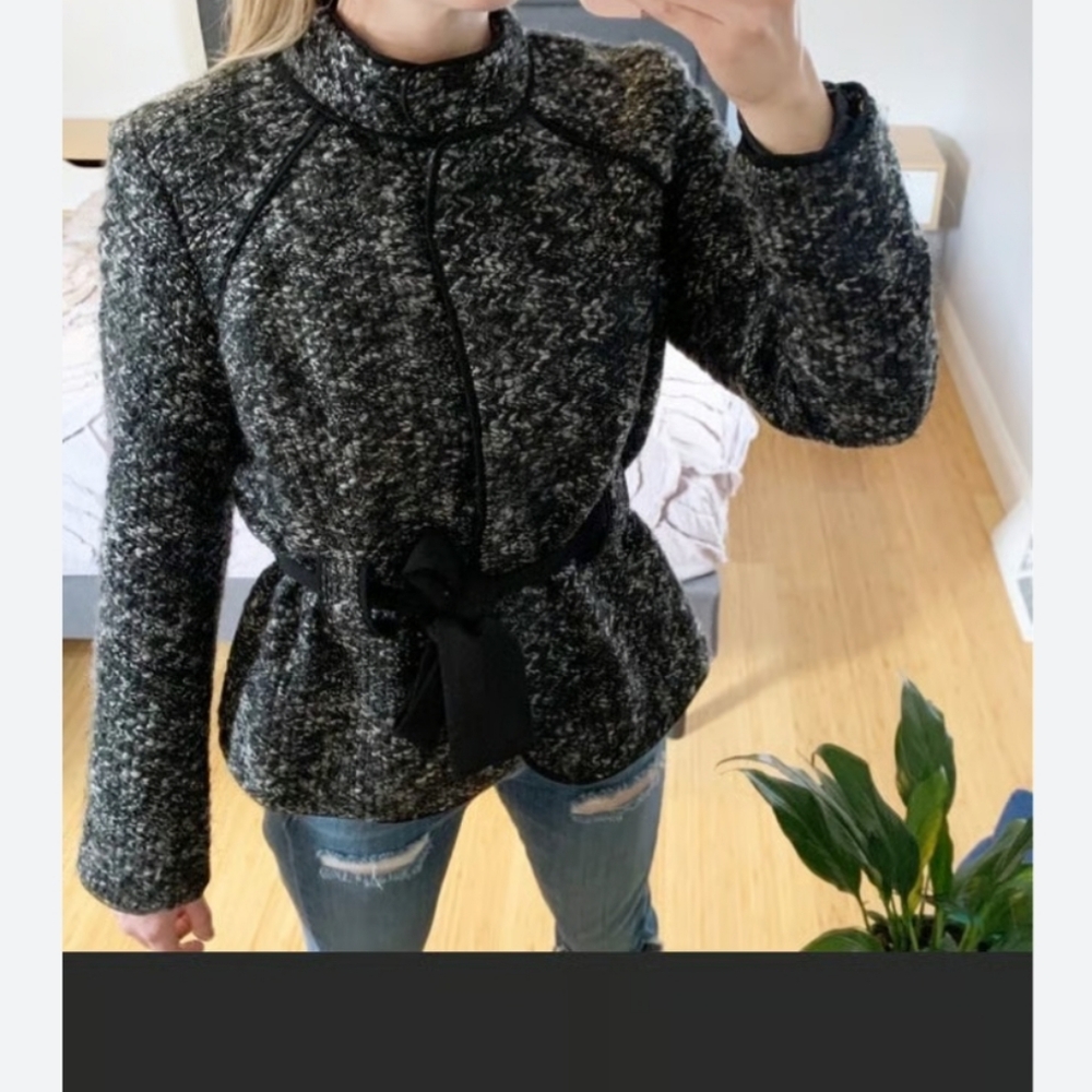 Sandro Black & Gray Textured Belted Jacket